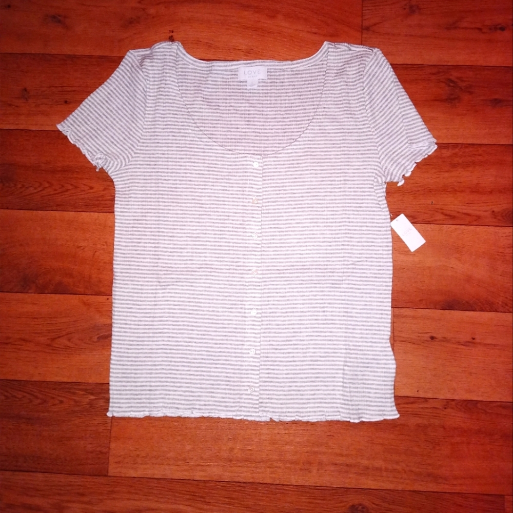 LOVE by GAP Gray and White Striped Ribbed button up Tshirt Size L and XL availab
